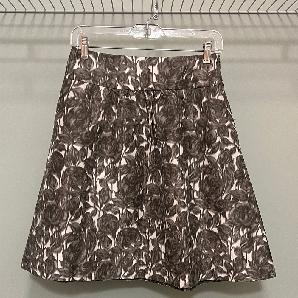 J. Crew Grey and White Floral Silk A-Line Skirt